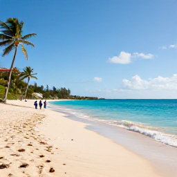 Caribbean Holidays, Barbados Adventure Holidays, A bright April morning on a Barbados beach with turquoise water, golden sand, palm trees and a small group preparing for an active day