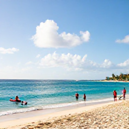 Caribbean Holidays, Barbados Adventure Holidays, A bright January morning on a Barbados beach with turquoise sea, golden sand and a few people preparing for watersports