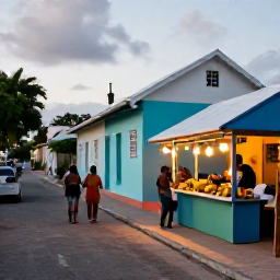 Caribbean Holidays, Barbados Adventure Holidays, A colourful Barbados village street with a local food stall, fresh fruit, friendly residents and visitors enjoying an evening atmosphere