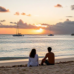 Caribbean Holidays, Barbados Adventure Holidays, A couple relaxing on a quiet Barbados beach at sunset after a day of outdoor activities, with calm sea and warm evening light