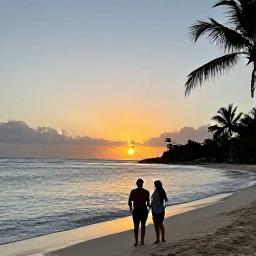 Caribbean Holidays, Barbados Adventure Holidays, A couple standing on a Barbados beach at sunset after an active day, with calm sea, palm silhouettes and warm evening light