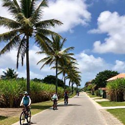 Caribbean Holidays, Barbados Adventure Holidays, A group cycling through a quiet Barbados village road lined with palm trees and sugar-cane fields