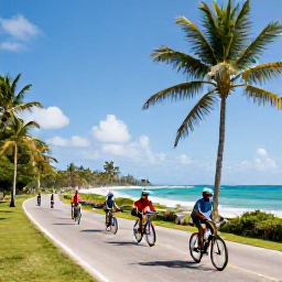Caribbean Holidays, Barbados Adventure Holidays, A group of friends cycling along a scenic coastal road in Barbados with palm trees and ocean views