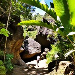 Caribbean Holidays, Barbados Adventure Holidays, A guided hike through lush Barbados countryside, passing a rocky gully, palm trees and a small waterfall under bright tropical sunlight