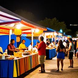Caribbean Holidays, Barbados Adventure Holidays, A lively Barbados evening with local food, colourful market stalls, musicians and visitors enjoying the atmosphere