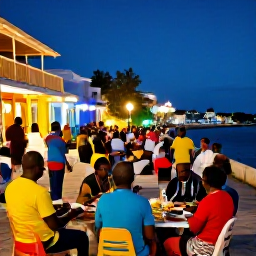 Caribbean Holidays, Barbados Adventure Holidays, A lively evening in Bridgetown, Barbados, with visitors enjoying local food, music and colourful streets near the waterfront