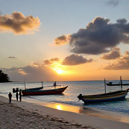 Caribbean Holidays, Barbados Adventure Holidays, A relaxed Barbados beach at sunset with colourful fishing boats and visitors enjoying the shoreline