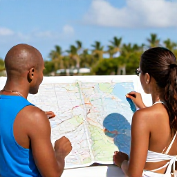 Caribbean Holidays, Barbados Adventure Holidays, A relaxed couple planning a Barbados day trip beside a map, with a sunny tropical landscape visible in the background