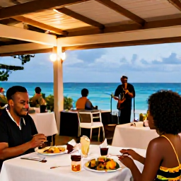 Caribbean Holidays, Barbados Adventure Holidays, A relaxed evening in Barbados with outdoor tables, local Caribbean dishes and live music near the sea