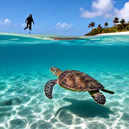 Caribbean Holidays, Barbados Adventure Holidays, A sea turtle swimming in clear turquoise water beside a snorkeller off the coast of Barbados