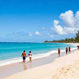 Caribbean Holidays, Barbados Adventure Holidays, Colourful Barbados coastline in July with turquoise water, golden sand and travellers exploring a lively beach