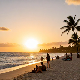 Caribbean Holidays, Barbados Adventure Holidays, Golden sunset over a Barbados beach with travellers relaxing after an active day outdoors