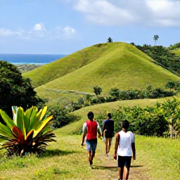 Caribbean Holidays, Barbados Adventure Holidays, Hikers walking through green Barbados countryside near rolling hills, tropical plants and a distant coastline