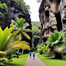 Caribbean Holidays, Barbados Adventure Holidays, Hikers walking through lush Barbados countryside near a tropical gully with palms and dramatic rock scenery