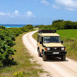 Caribbean Holidays, Barbados Adventure Holidays, Off-road safari vehicle travelling along a scenic Barbados track beside green fields and the coast