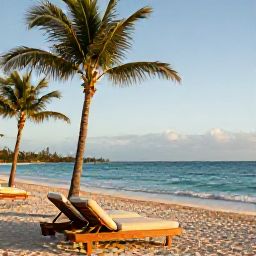 Caribbean Holidays, Barbados Adventure Holidays, Relaxed Barbados beach at golden hour with comfortable loungers, palm trees and calm turquoise sea