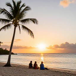 Caribbean Holidays, Barbados Adventure Holidays, Relaxed Barbados beach scene at sunset with adventure travellers, calm sea and palm trees