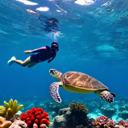 Caribbean Holidays, Barbados Adventure Holidays, Snorkellers and a sea turtle swimming above a colourful reef in clear Caribbean water off Barbados