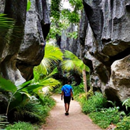 Caribbean Holidays, Barbados Adventure Holidays, Travellers hiking through a shaded tropical trail in Barbados, with limestone rock, palms and bright green vegetation
