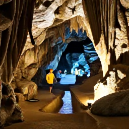 Caribbean Holidays, Barbados Adventure Holidays, Visitors exploring Harrison's Cave in Barbados with illuminated limestone formations and an underground stream