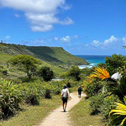Caribbean Holidays, Barbados Adventure Holidays, Visitors hiking through lush Barbados countryside near a dramatic coastline, with tropical plants, rolling hills and clear blue skies