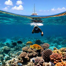 Caribbean Holidays, Barbados Adventure Holidays, Visitors snorkelling over a colourful coral reef in clear Caribbean water near Barbados, with tropical fish and a catamaran in the distance