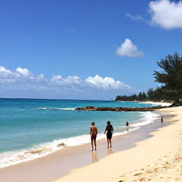 Caribbean Holidays, Barbados Adventure, Sunny Barbados coastline with turquoise water, golden sand and adventurous travellers exploring the shore