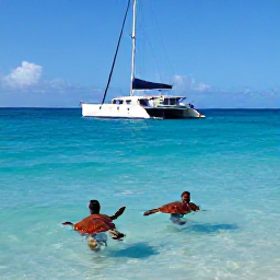 Caribbean Holidays, Barbados Adventure, Visitors swimming with sea turtles in clear Caribbean water beside a catamaran off the coast of Barbados