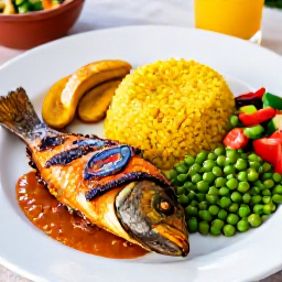 Caribbean Holidays, Barbados All Inclusive, A colourful Bajan meal with grilled fish, rice and peas, plantain and local salad at a Barbados restaurant