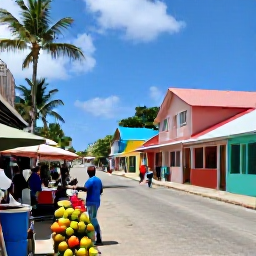 Caribbean Holidays, Barbados All Inclusive, A colourful Barbados street scene with a local market, tropical fruit, friendly people and traditional island buildings