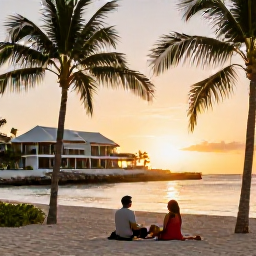 Caribbean Holidays, Barbados All Inclusive, A couple enjoying a sunset on a Barbados beach outside an elegant all-inclusive resort, with palm silhouettes and golden evening light
