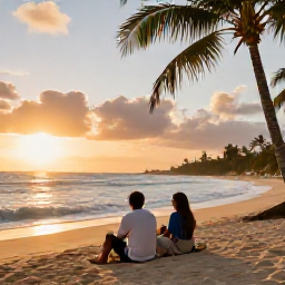 Caribbean Holidays, Barbados All Inclusive, Couple relaxing on a quiet Barbados beach at sunset in June, with gentle waves, palm trees and warm golden light