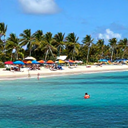 Caribbean Holidays, Barbados All Inclusive, Visitors swimming and relaxing in calm turquoise sea beside a beautiful Barbados beach, with colourful umbrellas and palm-fringed shore