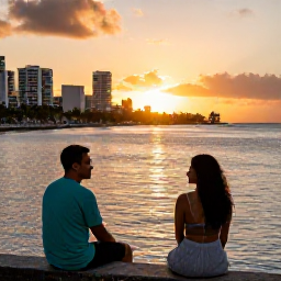 Caribbean Holidays, Barbados April Breaks, Couple enjoying a relaxed Barbados city break, with a sunset over the Bridgetown waterfront and palm-lined Caribbean coastline