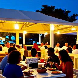 Caribbean Holidays, Barbados April Breaks, Open-air Barbados restaurant at dusk, local dishes on tables, friendly diners and warm evening lighting