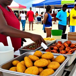 Caribbean Holidays, Barbados August Holidays, Barbadian street food stall serving fish cakes, grilled seafood and local dishes during a sunny cultural festival
