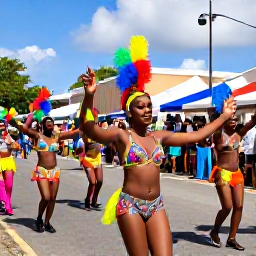 Caribbean Holidays, Barbados August Holidays, Colourful Crop Over festival parade in Bridgetown, Barbados, with dancers in bright costumes and cheerful crowds