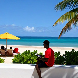 Caribbean Holidays, Barbados August Holidays, Friendly Barbados holiday scene showing a visitor planning festival activities beside a sunny coastal view