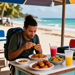 Caribbean Holidays, Barbados Backpacking, A backpacker eating fish cakes and fresh Caribbean food at a relaxed Barbados street stall near the coast