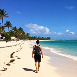 Caribbean Holidays, Barbados Backpacking, A backpacker walking along a sunny Barbados beach in November, with turquoise water, palm trees and a small rucksack