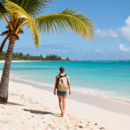 Caribbean Holidays, Barbados Backpacking, A backpacker walking along a sunny Barbados beach with turquoise water, swaying palms and a light travel bag