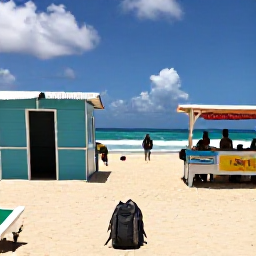 Caribbean Holidays, Barbados Backpacking, A budget-friendly Barbados beach scene with a backpack, beach shack, local food stall and relaxed travellers