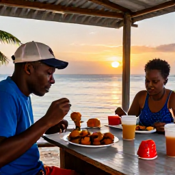 Caribbean Holidays, Barbados Backpacking, Backpacker eating Bajan fish cakes and flying fish at a casual roadside food stall in Barbados at sunset
