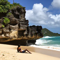 Caribbean Holidays, Barbados Backpacking, Backpacker relaxing on Bathsheba beach in Barbados, dramatic rock formations, Atlantic waves and green hills
