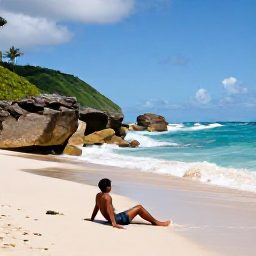 Caribbean Holidays, Barbados Backpacking, Backpacker relaxing on Bathsheba beach in Barbados with dramatic rocks, rolling Atlantic waves and green hills