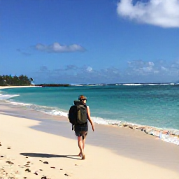 Caribbean Holidays, Barbados Backpacking, Backpacker walking along a quiet Barbados beach in September, turquoise sea, warm sunlight and relaxed Caribbean atmosphere
