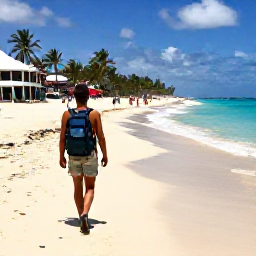 Caribbean Holidays, Barbados Backpacking, Backpacker walking along a sunny Barbados beach in July, with turquoise sea and lively local surroundings