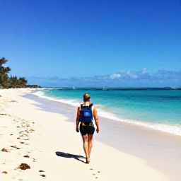 Caribbean Holidays, Barbados Backpacking, Backpacker walking along a sunny Barbados beach in June, turquoise sea and relaxed Caribbean atmosphere