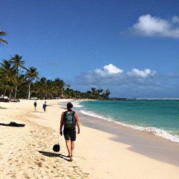 Caribbean Holidays, Barbados Backpacking, Backpacker walking along a sunny Barbados beach near Bridgetown, with turquoise sea and palm trees