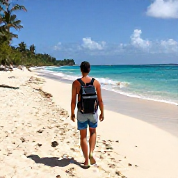 Caribbean Holidays, Barbados Backpacking, Backpacker walking along a sunny Barbados beach with a small rucksack, turquoise sea and relaxed island atmosphere